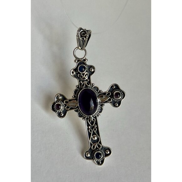 Oval Amethyst Cut Gemstone Cross 925 Sterling Silver - Picture 6 of 16